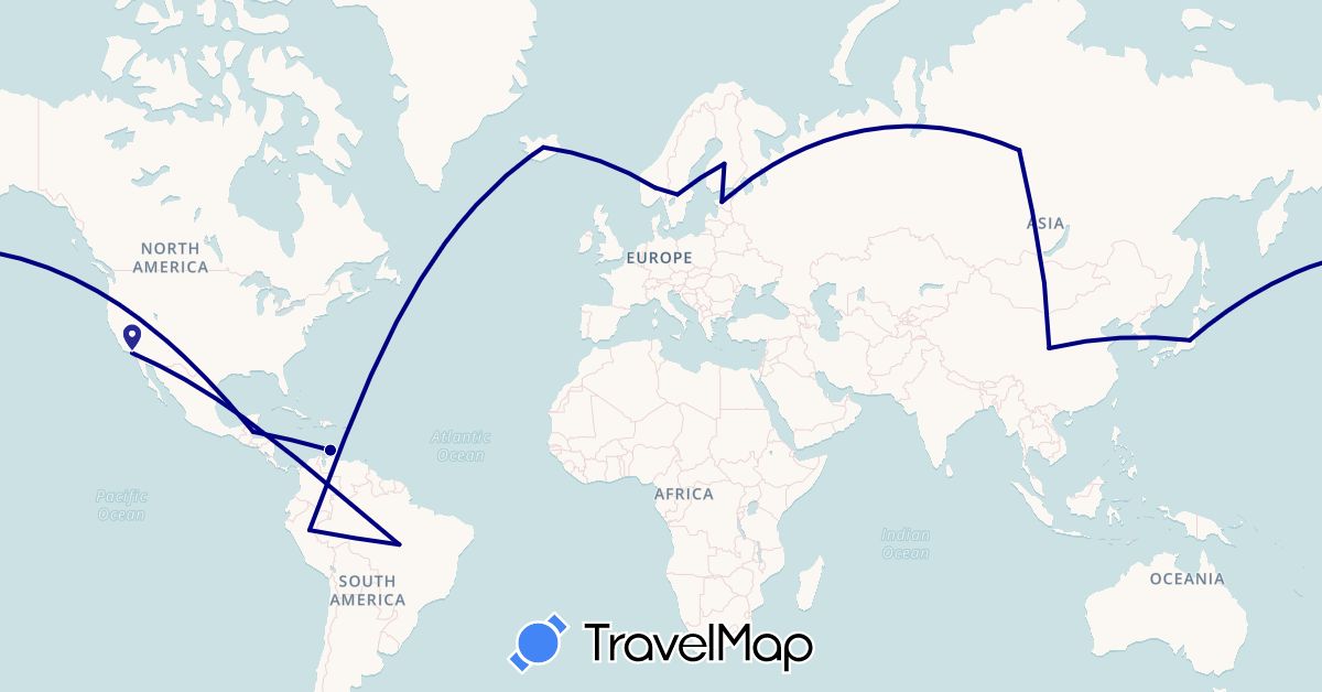TravelMap itinerary: driving in Brazil, Belize, China, Estonia, Finland, Iceland, Japan, Mongolia, Netherlands, Norway, Peru, Russia, Sweden, United States (Asia, Europe, North America, South America)